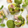 KANPACHI À LA VAPEUR HERBES AROMATIQUES, COUILS DE PETITS POIS ET RUCOLA,PRINTANIER LÉGUMES Jp`̃@v[@u₩ȃn[u̍ bRƃveBE|̃N[B@t؂̃T_d